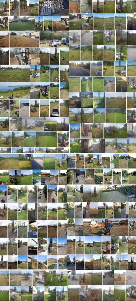 Mosaico di fotografie di prove penetrometriche, sondaggi, stendimenti sismici e sopralluoghi geologici in sito
